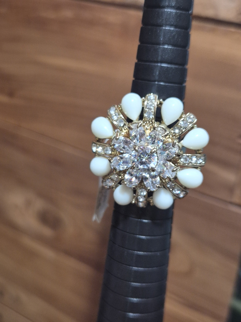 Gold Floral Crystal Ring with White Cabochon Petals